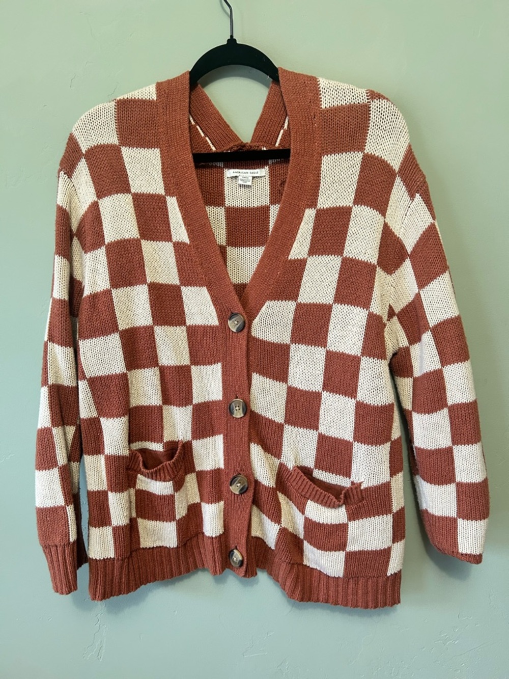 American Eagle - Checkered Button-Front Cardigan Sweater - Rust & Cream